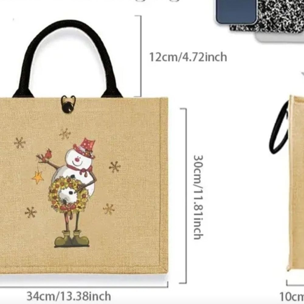 Festive Snowman Jute Tote Bag - Tan - Picture 3 of 7